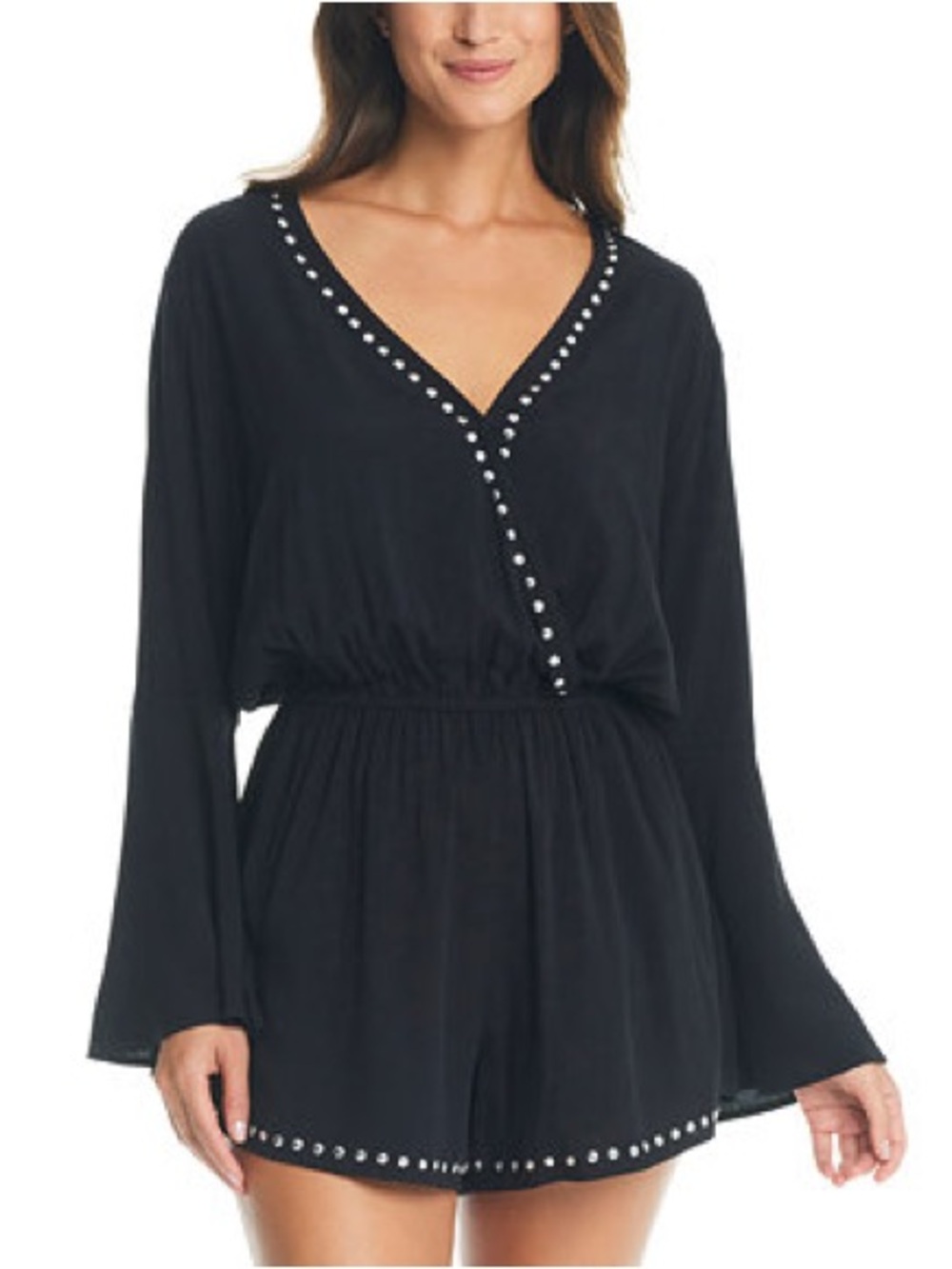 Bar III Black Stud-Trim Long Sleeve Romper Macys exclusive NWT